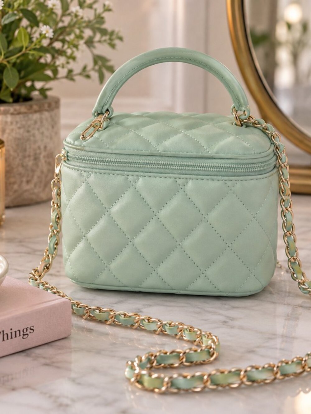 Mint Green Quilted Mini Crossbody Bag Gold Chain Top Handle Vanity Bag